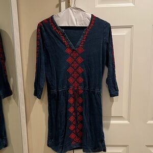 Lucky Brand Blue mini dress with Red Cross stitch